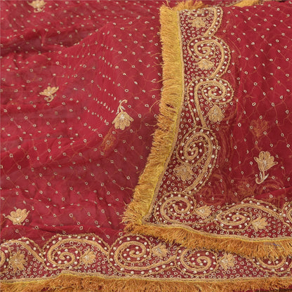 Sanskriti Vintage Red Dupatta Long Stole Pure Chiffon Hand Beaded Ethnic Scarves