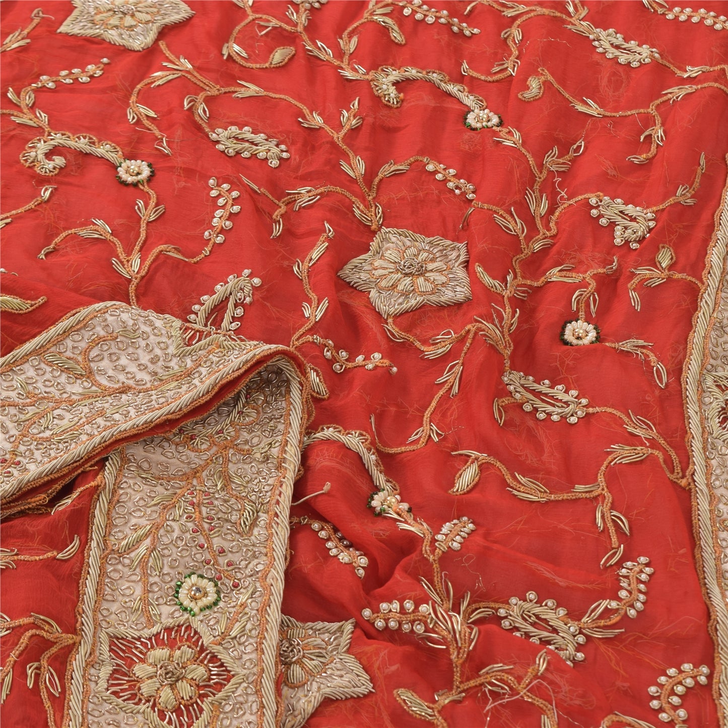 Sanskriti Vintage Red Dupatta Long Stole Pure Chiffon silk Hand Beaded Wrap Veil