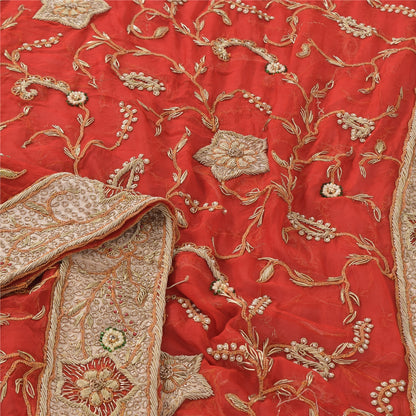 Sanskriti Vintage Red Dupatta Long Stole Pure Chiffon silk Hand Beaded Wrap Veil