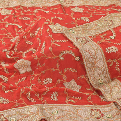 Sanskriti Vintage Red Dupatta Long Stole Pure Chiffon silk Hand Beaded Wrap Veil