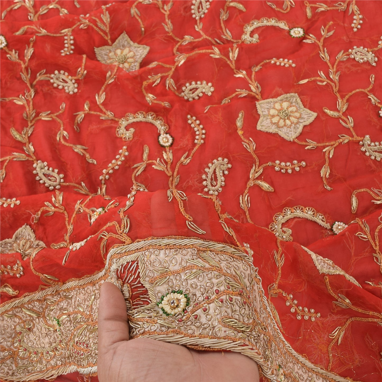 Sanskriti Vintage Red Dupatta Long Stole Pure Chiffon silk Hand Beaded Wrap Veil