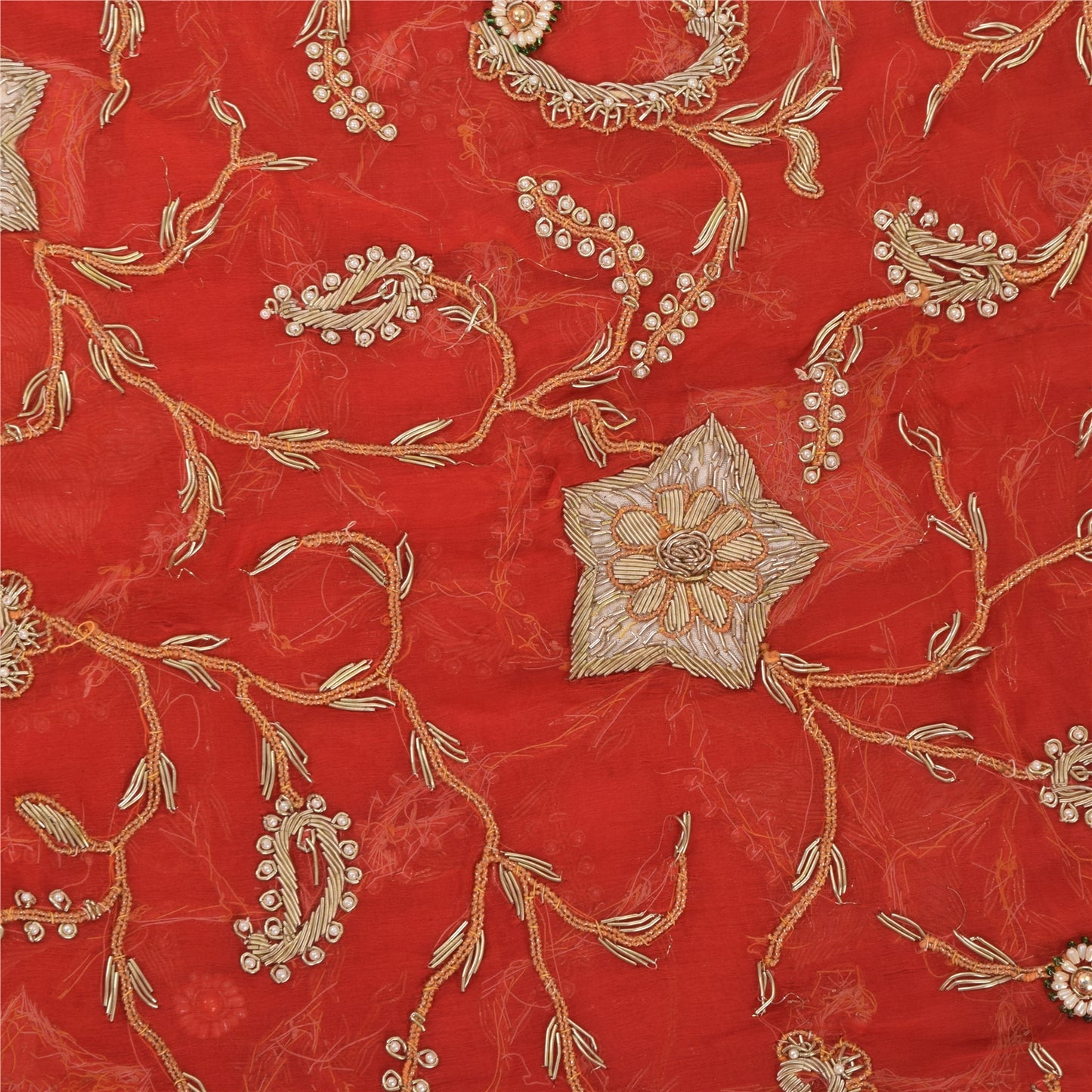 Sanskriti Vintage Red Dupatta Long Stole Pure Chiffon silk Hand Beaded Wrap Veil