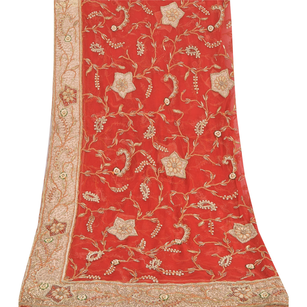 Sanskriti Vintage Red Dupatta Long Stole Pure Chiffon silk Hand Beaded Wrap Veil