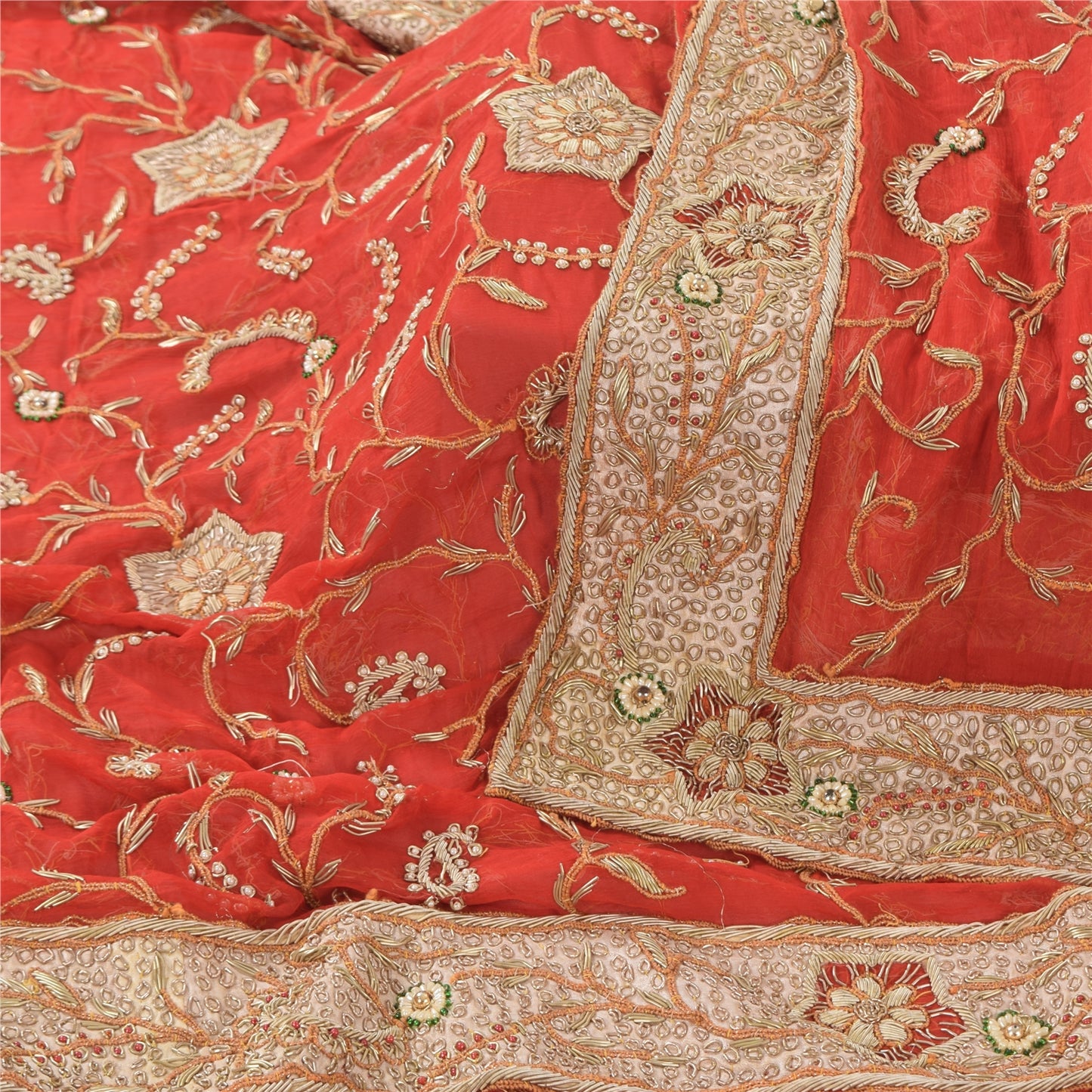 Sanskriti Vintage Red Dupatta Long Stole Pure Chiffon silk Hand Beaded Wrap Veil