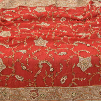 Sanskriti Vintage Red Dupatta Long Stole Pure Chiffon silk Hand Beaded Wrap Veil
