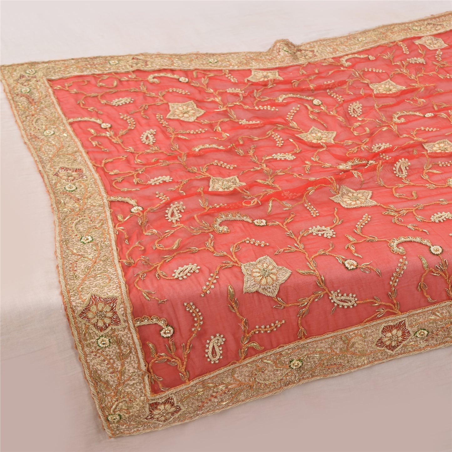 Sanskriti Vintage Red Dupatta Long Stole Pure Chiffon silk Hand Beaded Wrap Veil