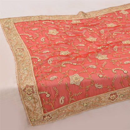 Sanskriti Vintage Red Dupatta Long Stole Pure Chiffon silk Hand Beaded Wrap Veil