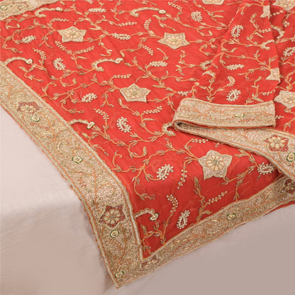 Sanskriti Vintage Red Dupatta Long Stole Pure Chiffon silk Hand Beaded Wrap Veil