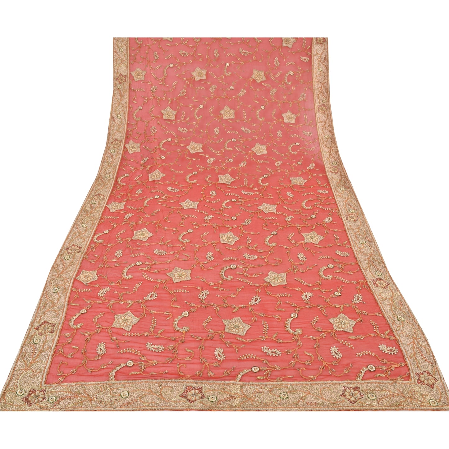 Sanskriti Vintage Red Dupatta Long Stole Pure Chiffon silk Hand Beaded Wrap Veil