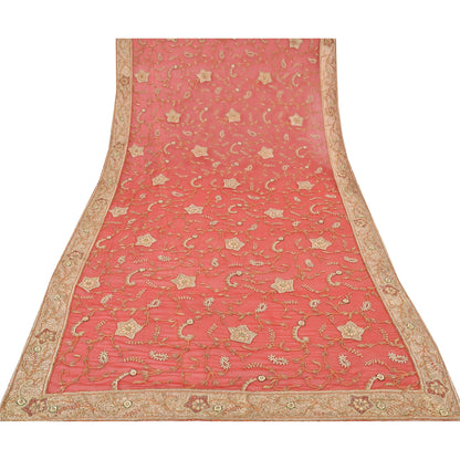 Sanskriti Vintage Red Dupatta Long Stole Pure Chiffon silk Hand Beaded Wrap Veil