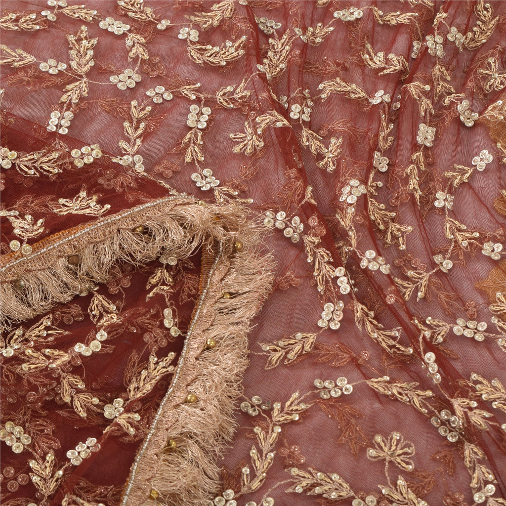 Sanskriti Vintage Dark Red Sarees Net Mesh Hand Beaded Sari Premium Craft Sustainable Fabric
