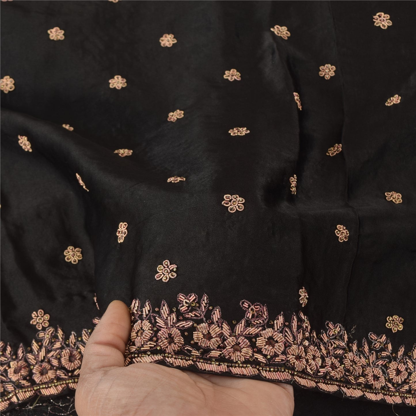 Sanskriti Vintage Black Dupatta Long Stole Pure Silk Hand Beaded Premium Scarves