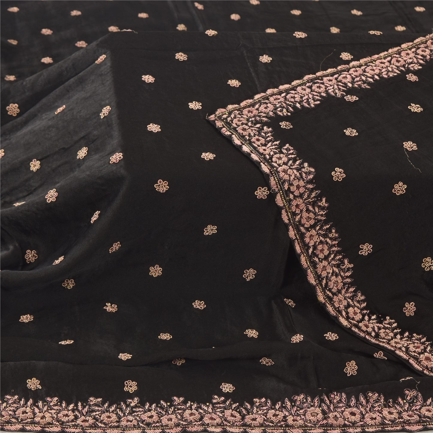 Sanskriti Vintage Black Dupatta Long Stole Pure Silk Hand Beaded Premium Scarves