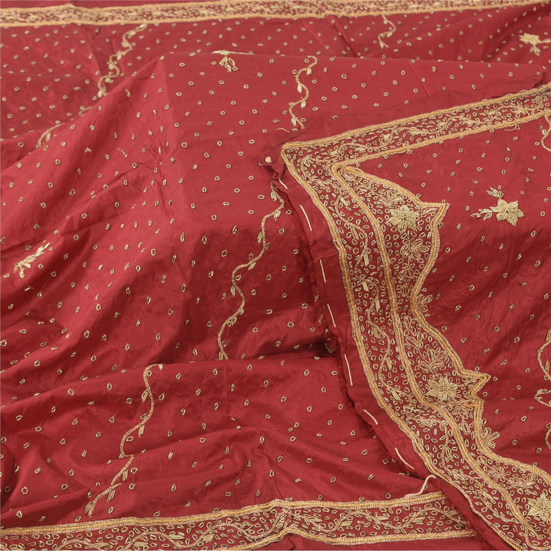 Sanskriti Vintage Red Art Silk Dupatta Long Stole Hand Embroidered Zardozi Wrap Veil Uses-Table linen, Cushions, Curtains, Dressing