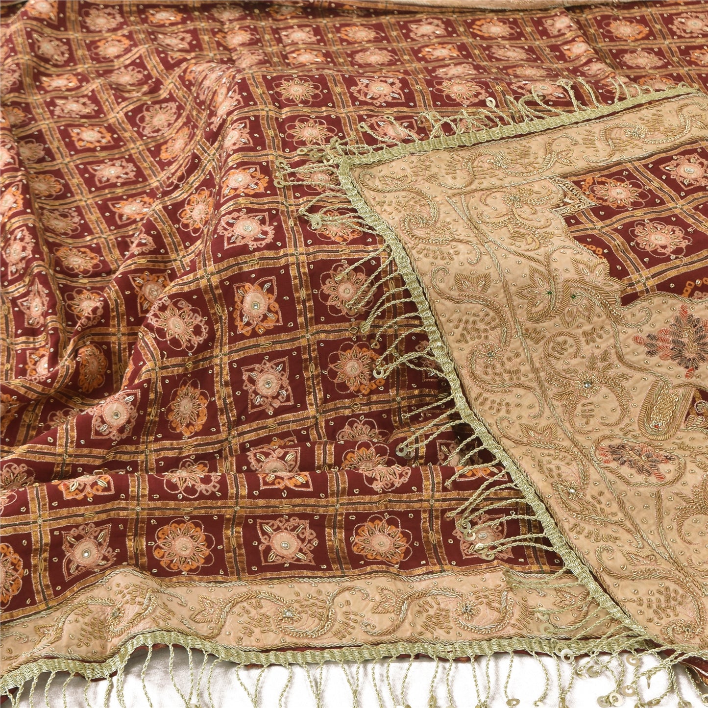 Sanskriti Vintage Red Dupatta Long Stole Pure Cotton Gharchola Bandhani Scarves