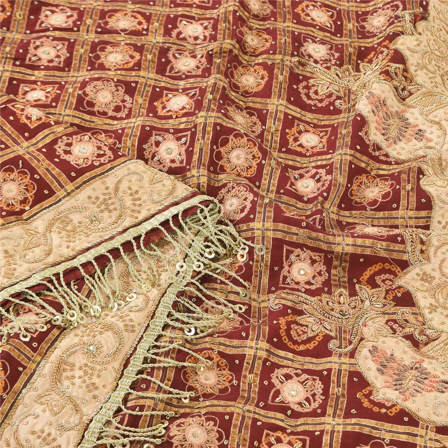 Sanskriti Vintage Red Dupatta Long Stole Pure Cotton Gharchola Bandhani Scarves