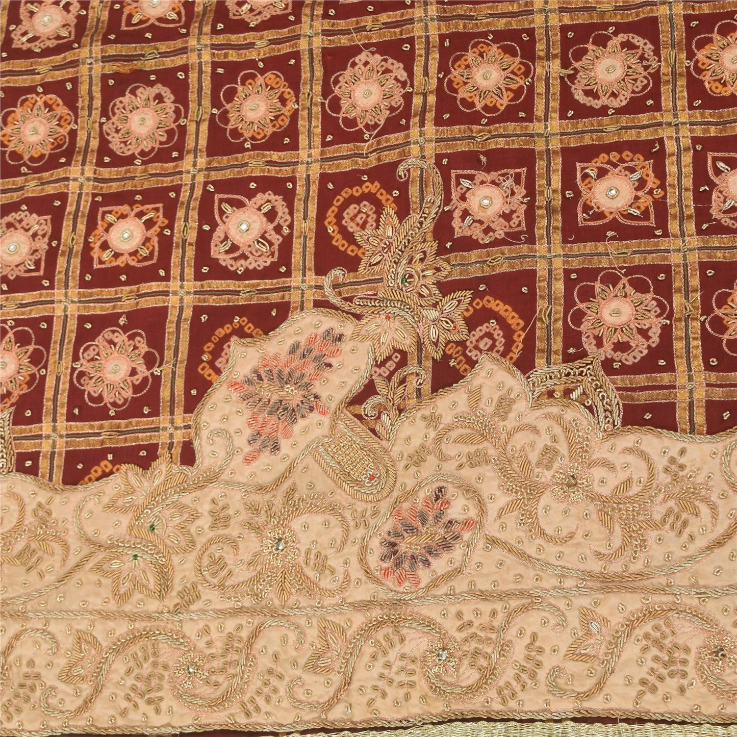 Sanskriti Vintage Red Dupatta Long Stole Pure Cotton Gharchola Bandhani Scarves