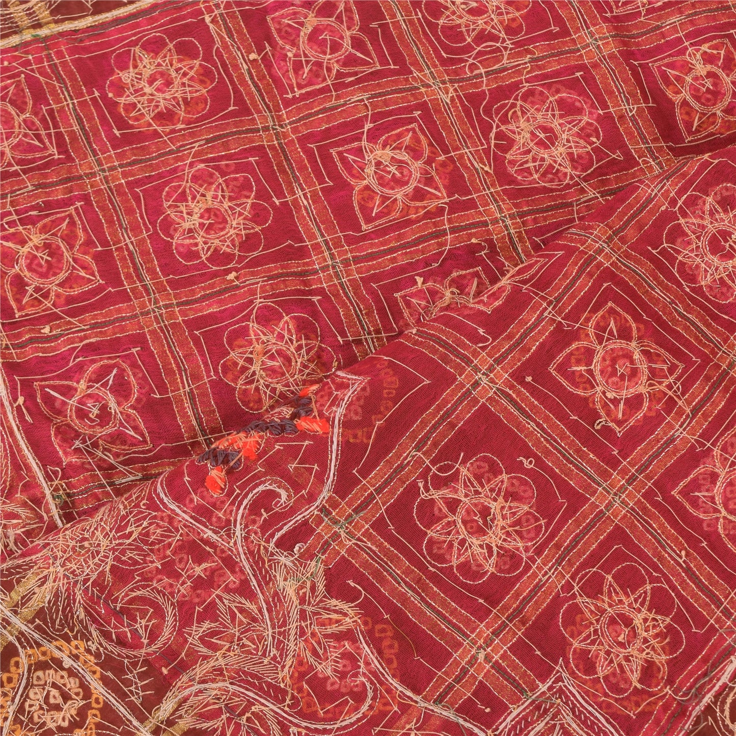 Sanskriti Vintage Red Dupatta Long Stole Pure Cotton Gharchola Bandhani Scarves