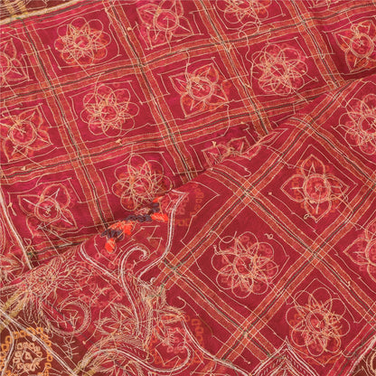 Sanskriti Vintage Red Dupatta Long Stole Pure Cotton Gharchola Bandhani Scarves