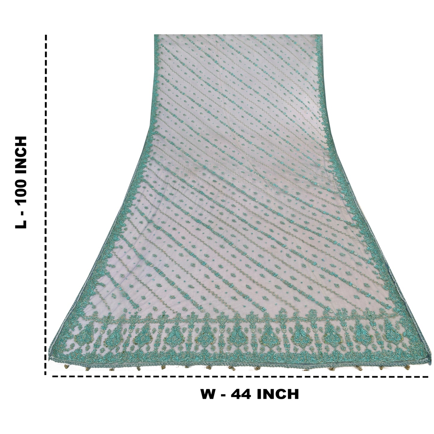 Sanskriti Vintage Dupatta/Stole Net Mesh Blue Hand Beaded Zardozi Scarves Veil