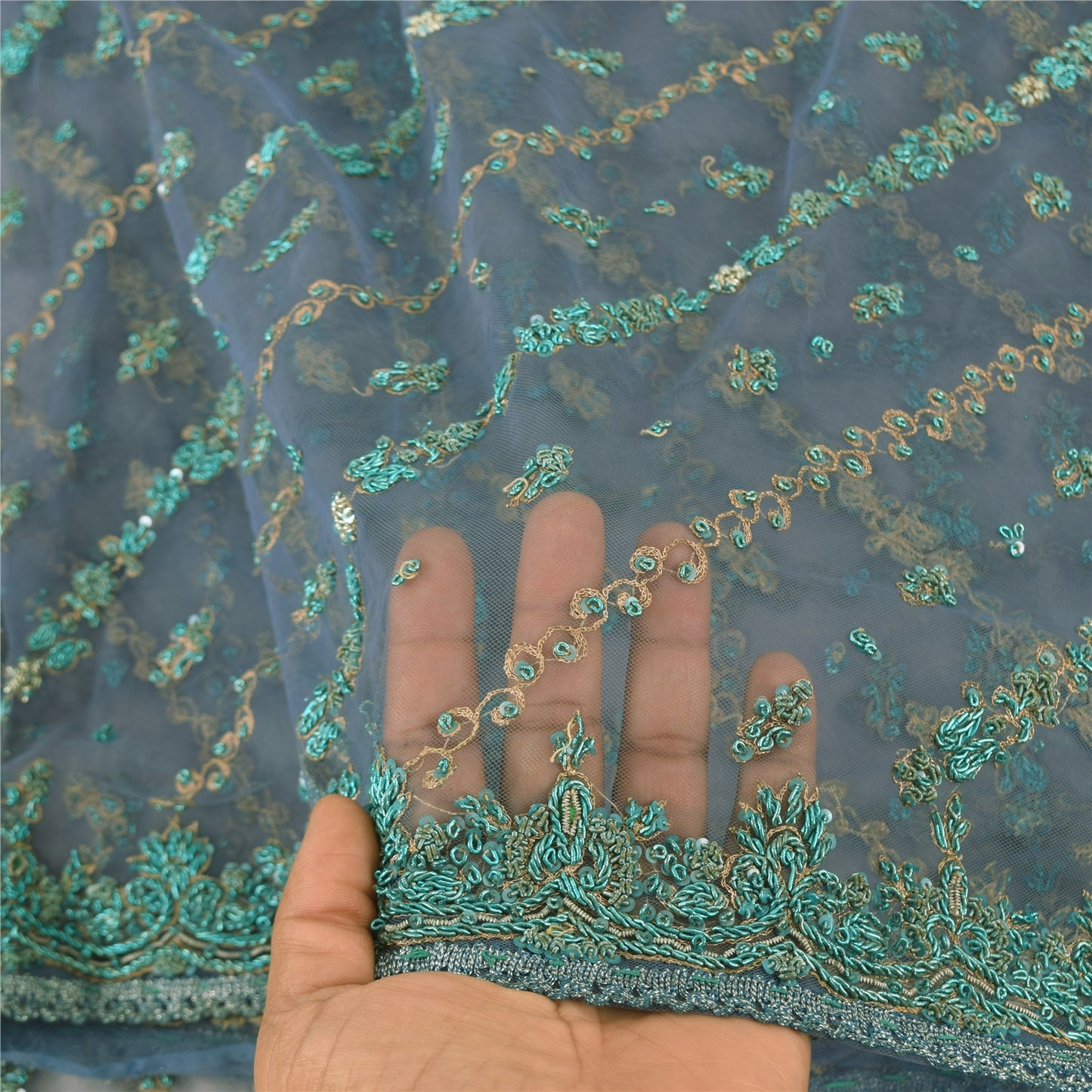 Sanskriti Vintage Dupatta/Stole Net Mesh Blue Hand Beaded Zardozi Scarves Veil