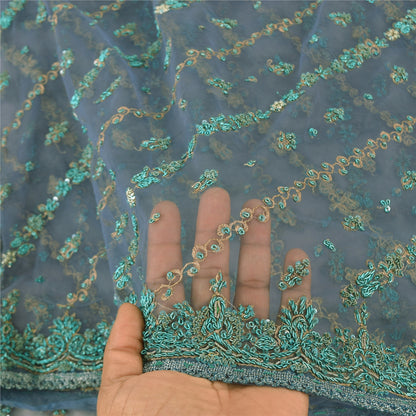 Sanskriti Vintage Dupatta/Stole Net Mesh Blue Hand Beaded Zardozi Scarves Veil