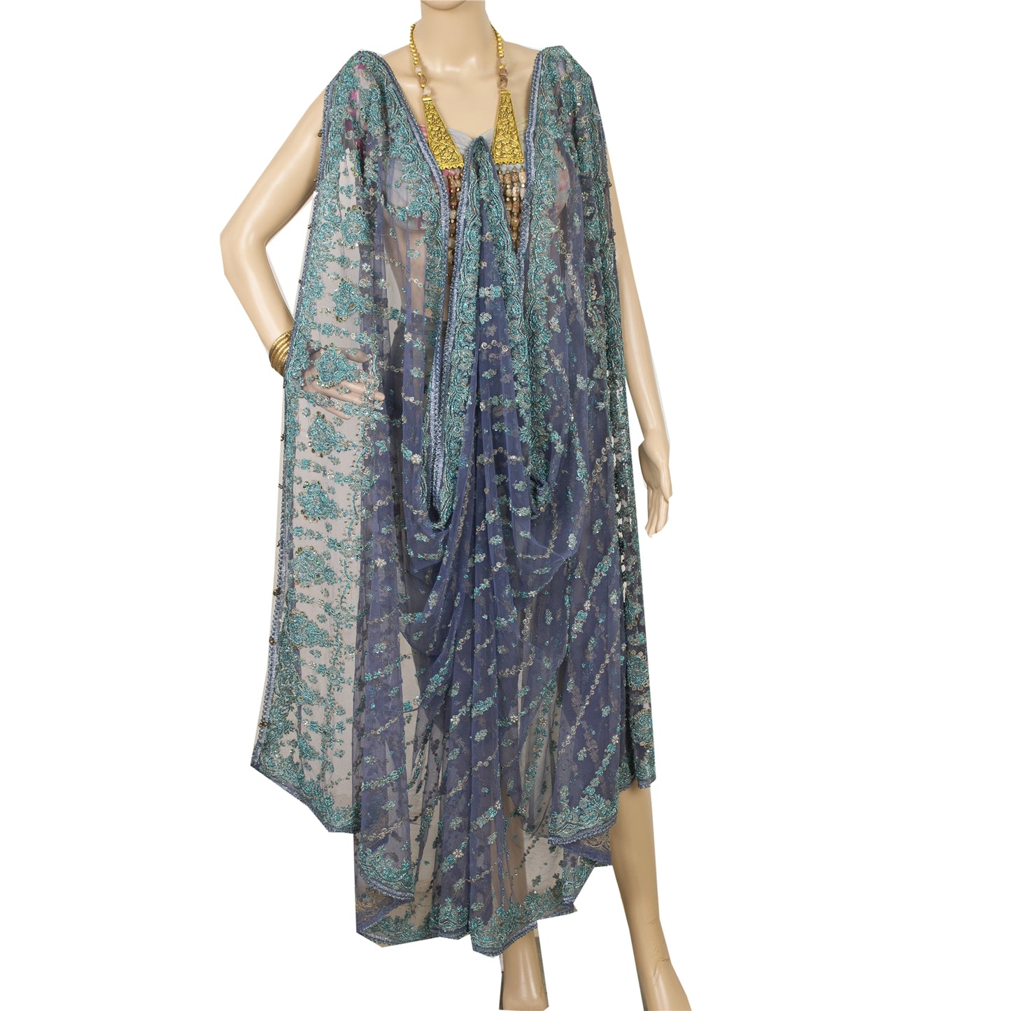 Sanskriti Vintage Dupatta/Stole Net Mesh Blue Hand Beaded Zardozi Scarves Veil