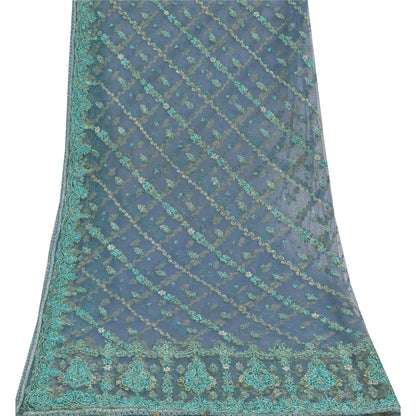 Sanskriti Vintage Dupatta/Stole Net Mesh Blue Hand Beaded Zardozi Scarves Veil