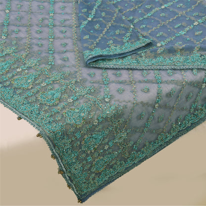 Sanskriti Vintage Dupatta/Stole Net Mesh Blue Hand Beaded Zardozi Scarves Veil