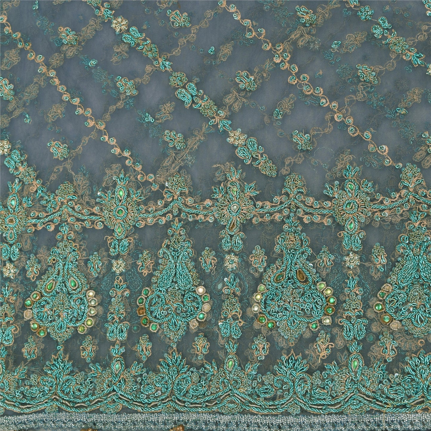 Sanskriti Vintage Dupatta/Stole Net Mesh Blue Hand Beaded Zardozi Scarves Veil