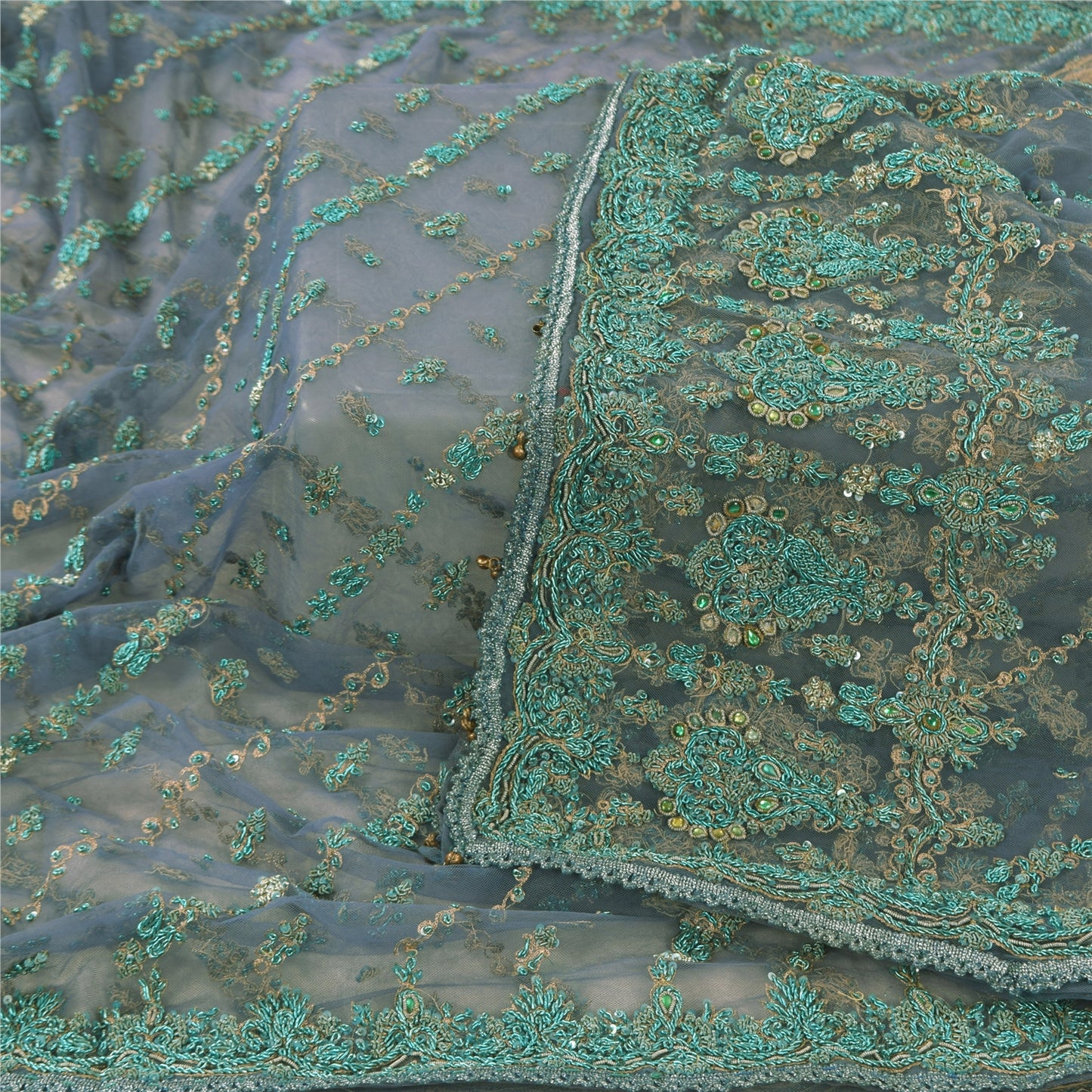 Sanskriti Vintage Dupatta/Stole Net Mesh Blue Hand Beaded Zardozi Scarves Veil