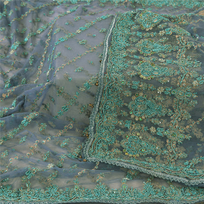 Sanskriti Vintage Dupatta/Stole Net Mesh Blue Hand Beaded Zardozi Scarves Veil