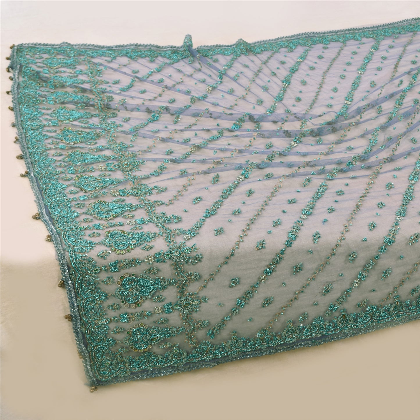 Sanskriti Vintage Dupatta/Stole Net Mesh Blue Hand Beaded Zardozi Scarves Veil