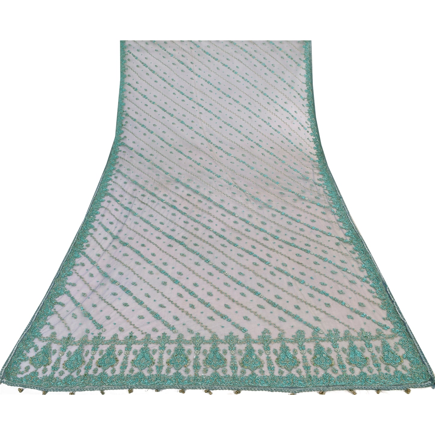 Sanskriti Vintage Dupatta/Stole Net Mesh Blue Hand Beaded Zardozi Scarves Veil