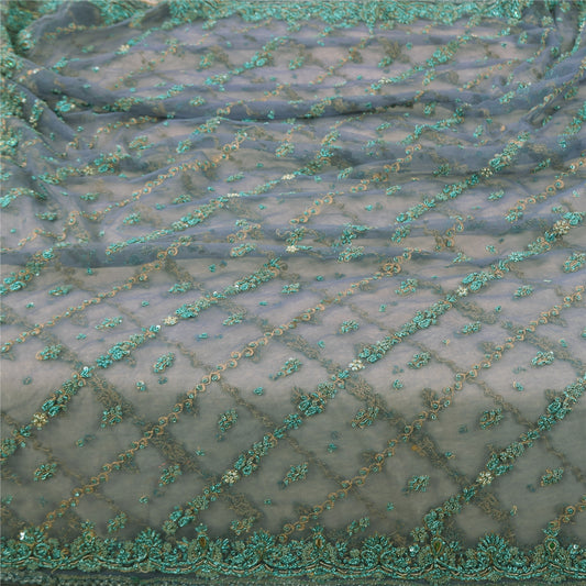 Sanskriti Vintage Dupatta/Stole Net Mesh Blue Hand Beaded Zardozi Scarves Veil