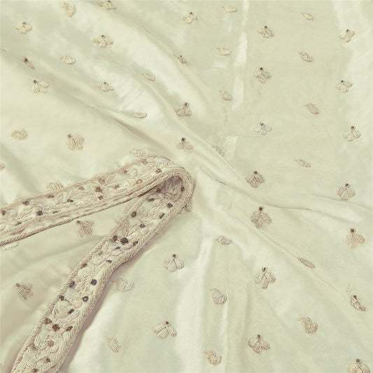Sanskriti Vintage Off White Art Silk Dupatta Long Stole Hand Embroidered Zardzoi Beads Uses-linen, Cushions, Curtains, Dressing