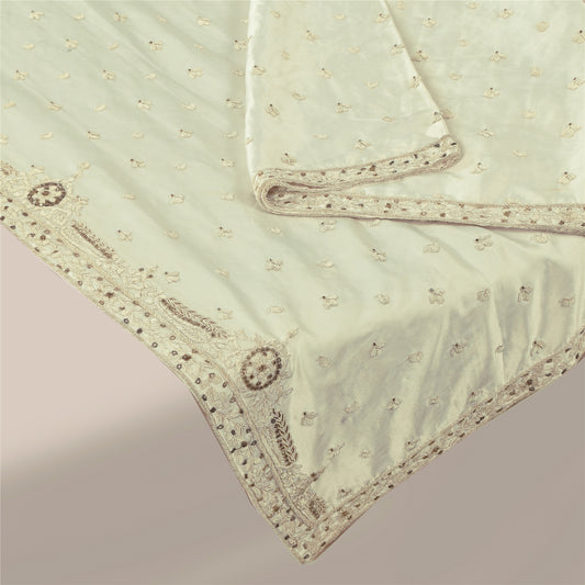 Sanskriti Vintage Off White Art Silk Dupatta Long Stole Hand Embroidered Zardzoi Beads Uses-linen, Cushions, Curtains, Dressing