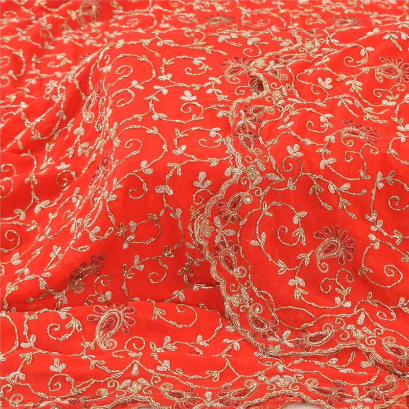 Sanskriti Vintage Orange Art Silk Dupatta Long Stole Hand Embroidered Zari Zardozi Seqins Antique Uses- linen, Cushions, Curtains