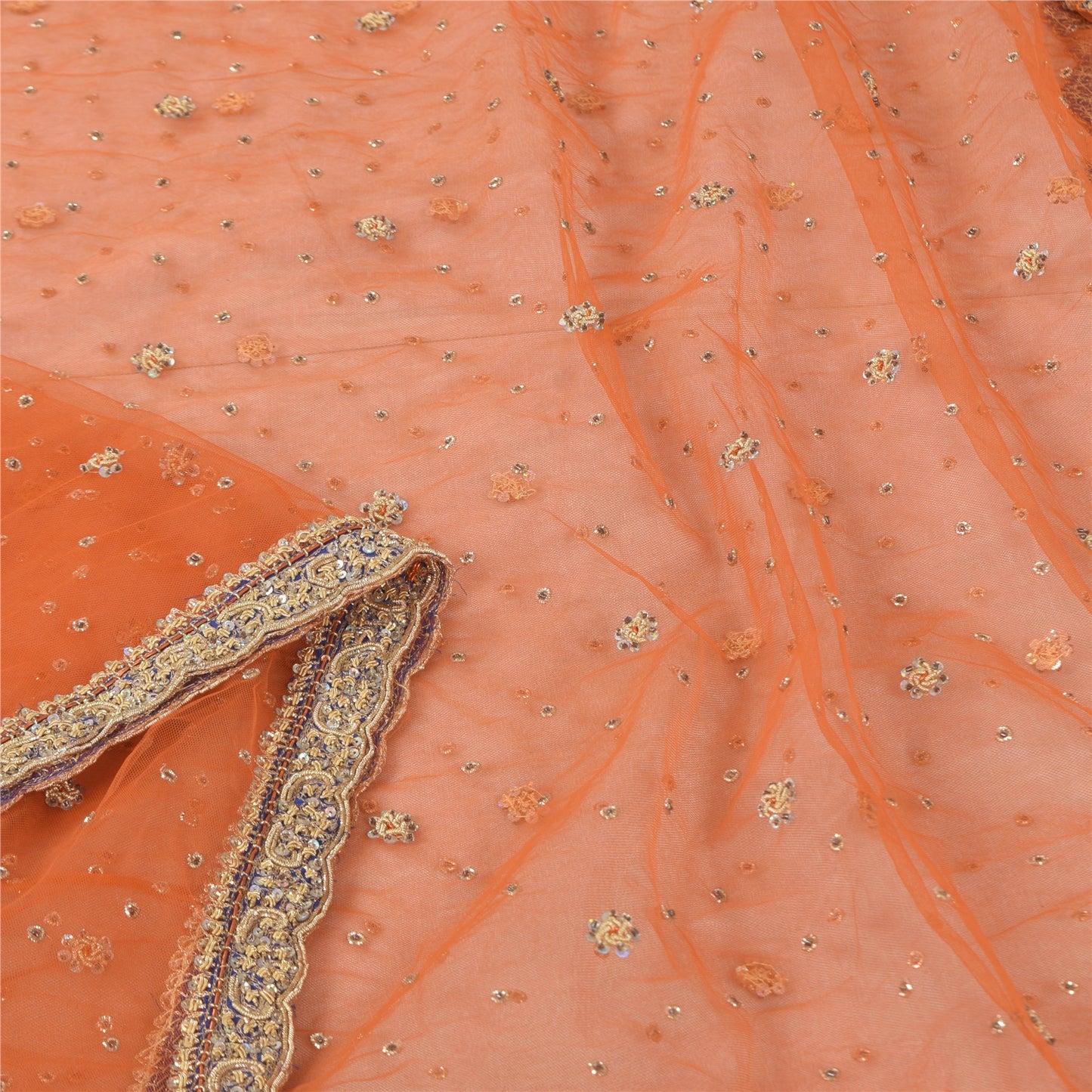 Sanskriti Vintage Orange Net Dupatta Hand Beaded Zari Zardozi Neck Stole Fabric
