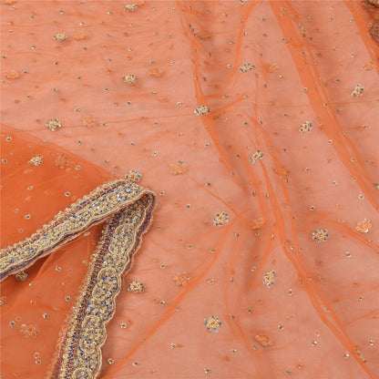 Sanskriti Vintage Orange Net Dupatta Hand Beaded Zari Zardozi Neck Stole Fabric