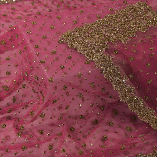 Sanskriti Vintage Pink Dupatta Long Stole Net Mesh Hand Beaded Ethnic Wrap Veil