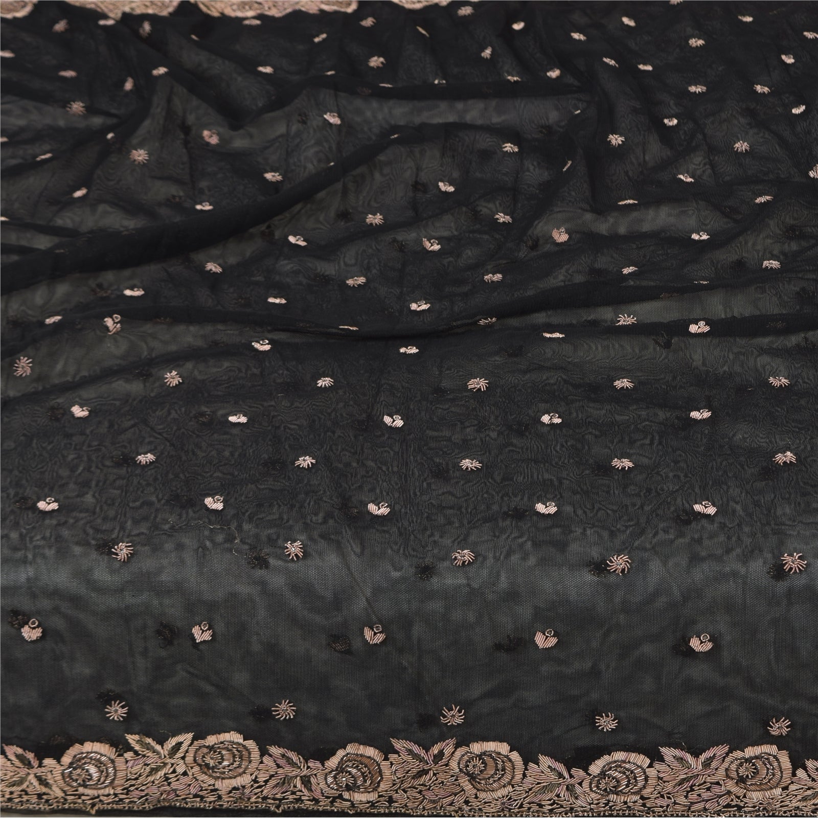 Sanskriti Vintage Black Dupatta Long Stole Net Hand Beaded Premium Wrap Scarves