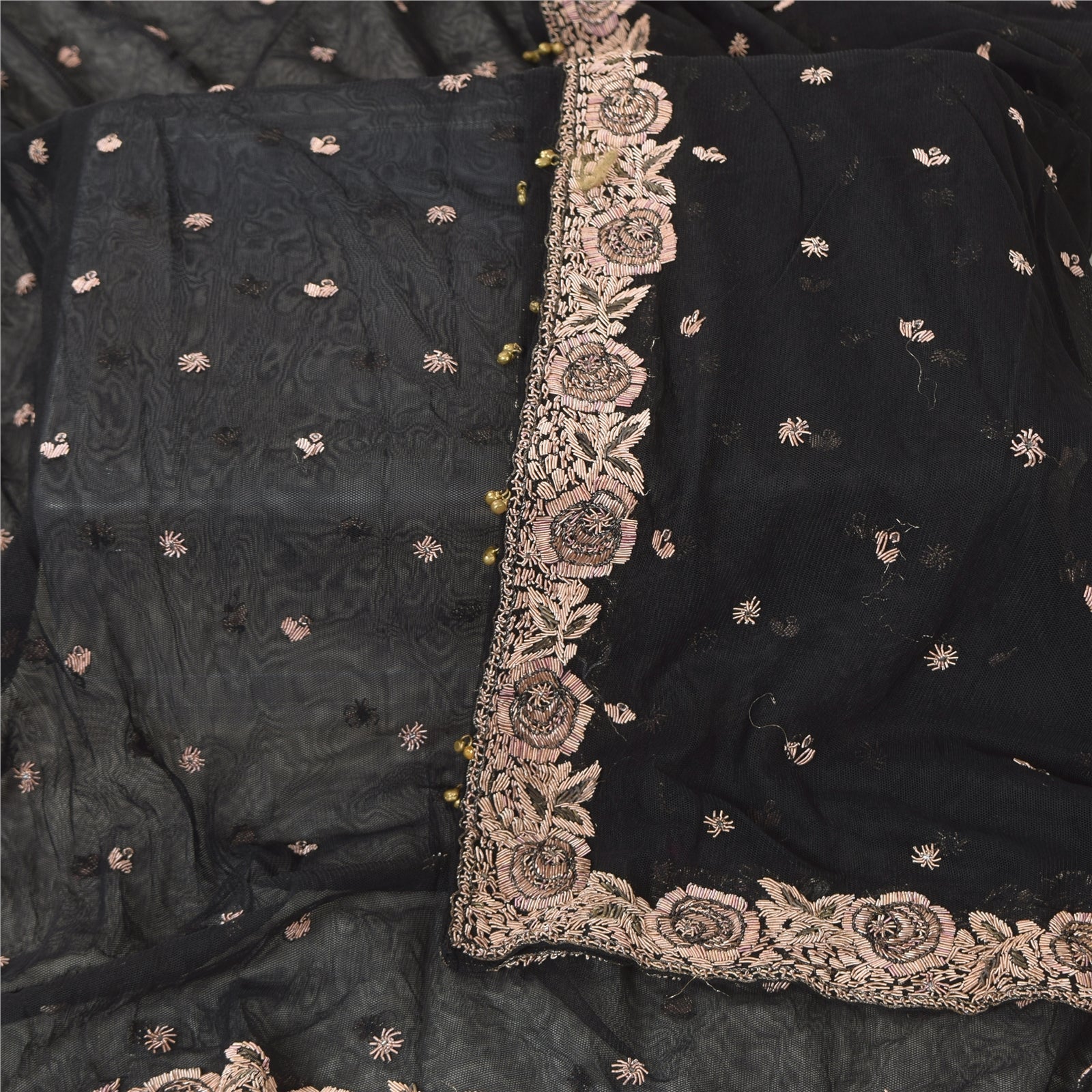 Sanskriti Vintage Black Dupatta Long Stole Net Hand Beaded Premium Wrap Scarves