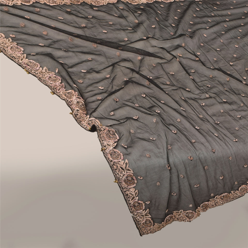 Sanskriti Vintage Black Dupatta Long Stole Net Hand Beaded Premium Wrap Scarves