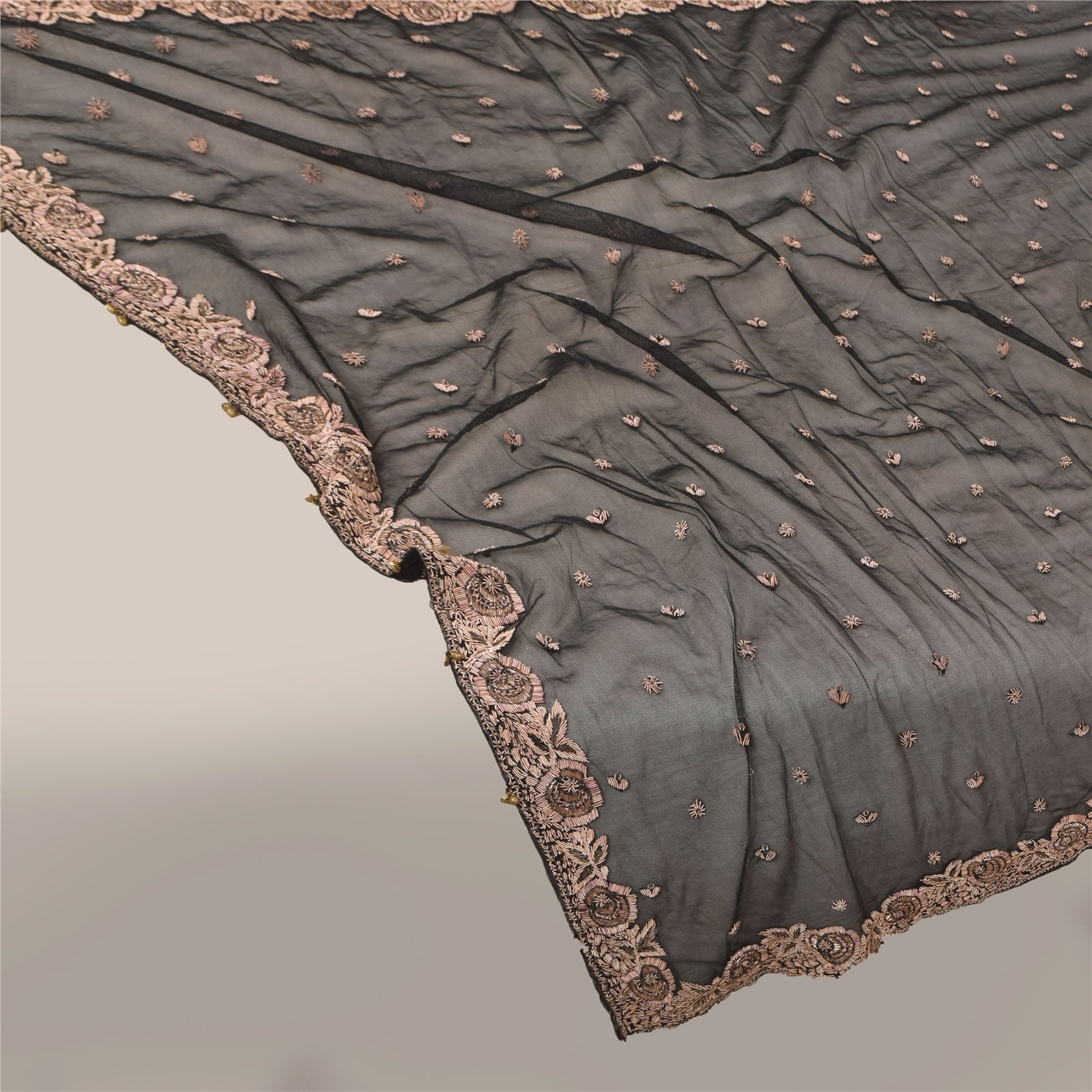 Sanskriti Vintage Black Dupatta Long Stole Net Hand Beaded Premium Wrap Scarves