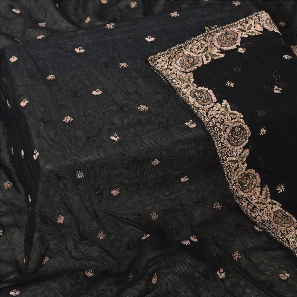 Sanskriti Vintage Black Dupatta Long Stole Net Hand Beaded Premium Wrap Scarves