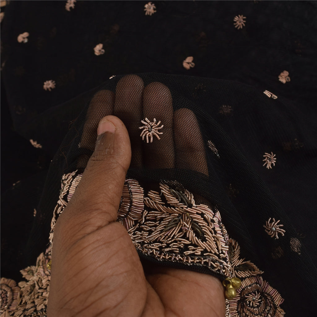 Sanskriti Vintage Black Dupatta Long Stole Net Hand Beaded Premium Wrap Scarves