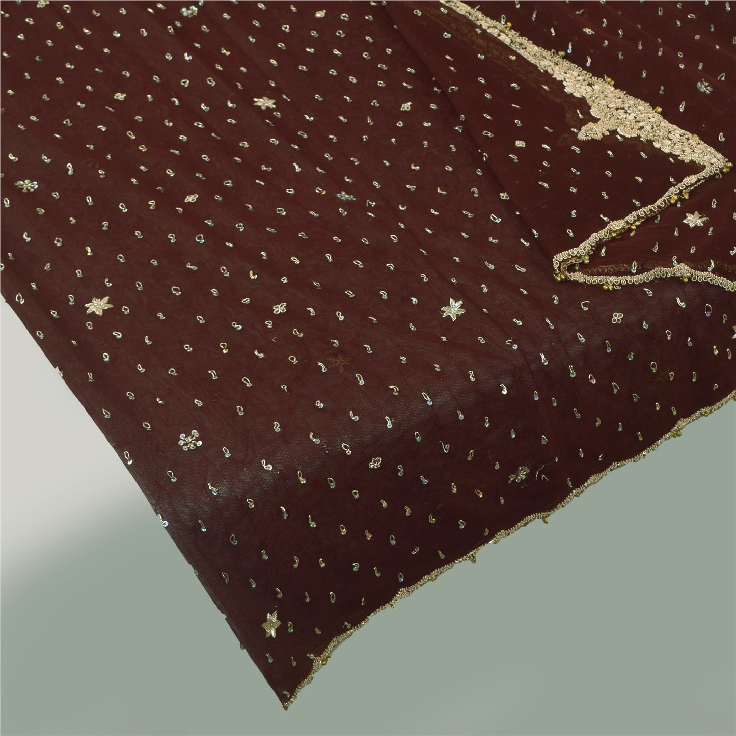 Sanskriti Vintage Indian Dark Brown Dupatta Long Stole Net Hand Beaded Wrap Veil