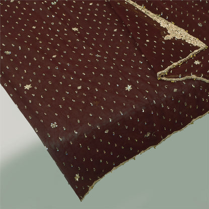 Sanskriti Vintage Indian Dark Brown Dupatta Long Stole Net Hand Beaded Wrap Veil