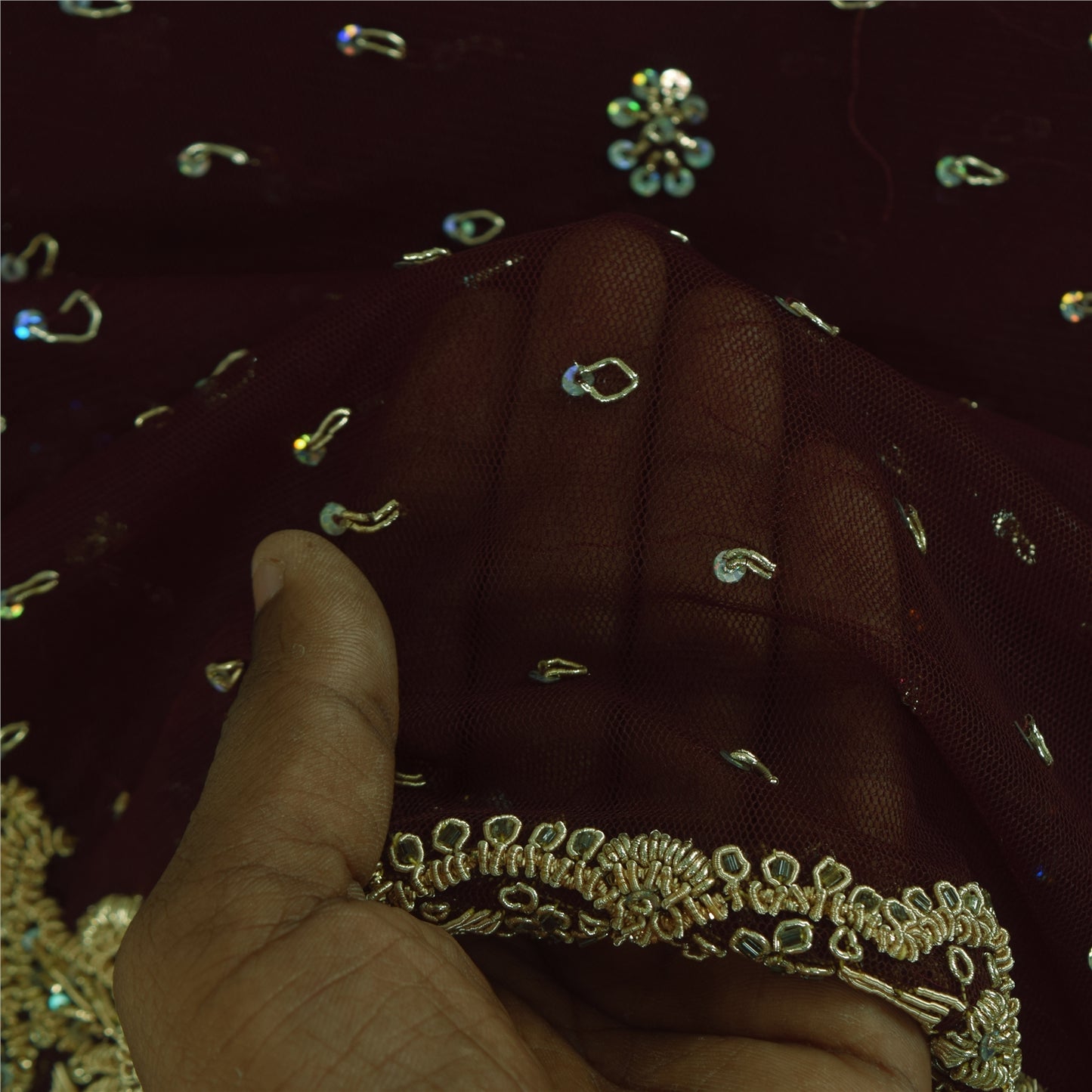 Sanskriti Vintage Indian Dark Brown Dupatta Long Stole Net Hand Beaded Wrap Veil